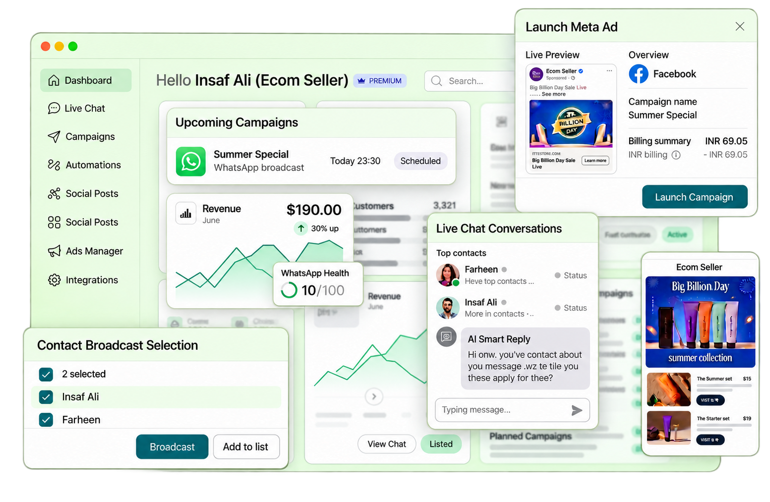 Leadsbaker Dashboard — Unified inbox, campaigns, broadcasts, social posts, and Meta Ads manager